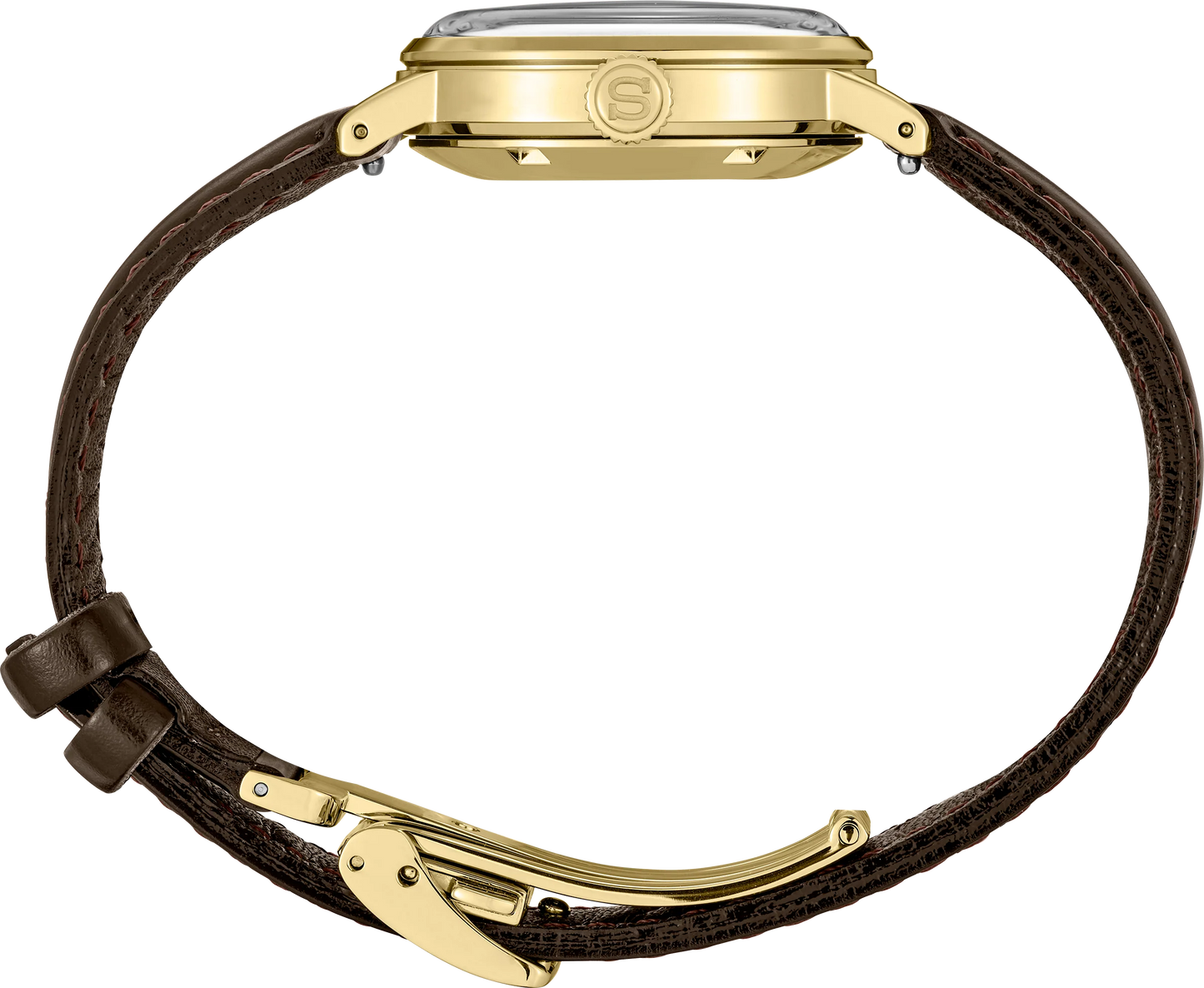Gold watch with brown leather strap on a white background