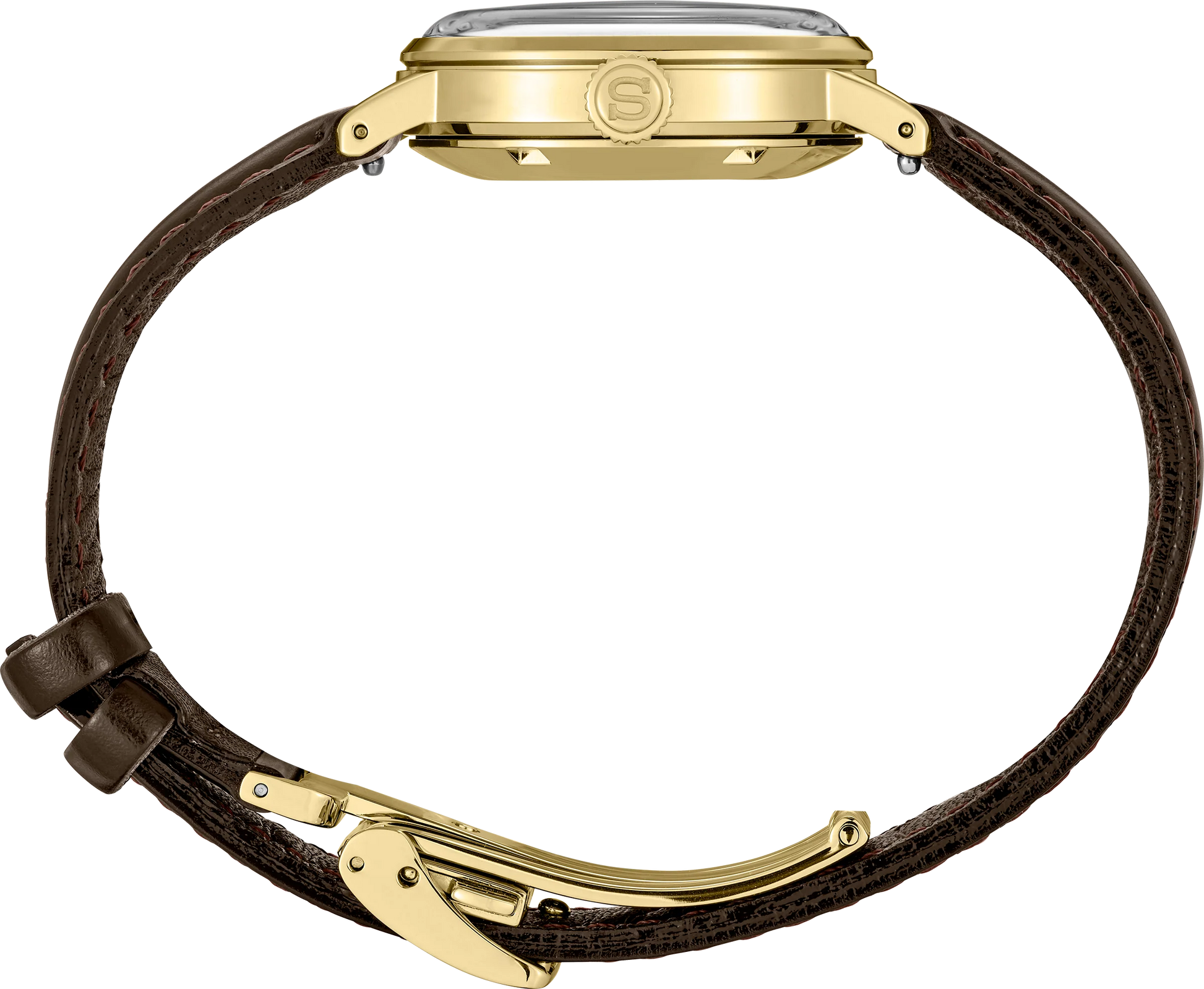 Gold watch with brown leather strap on a white background