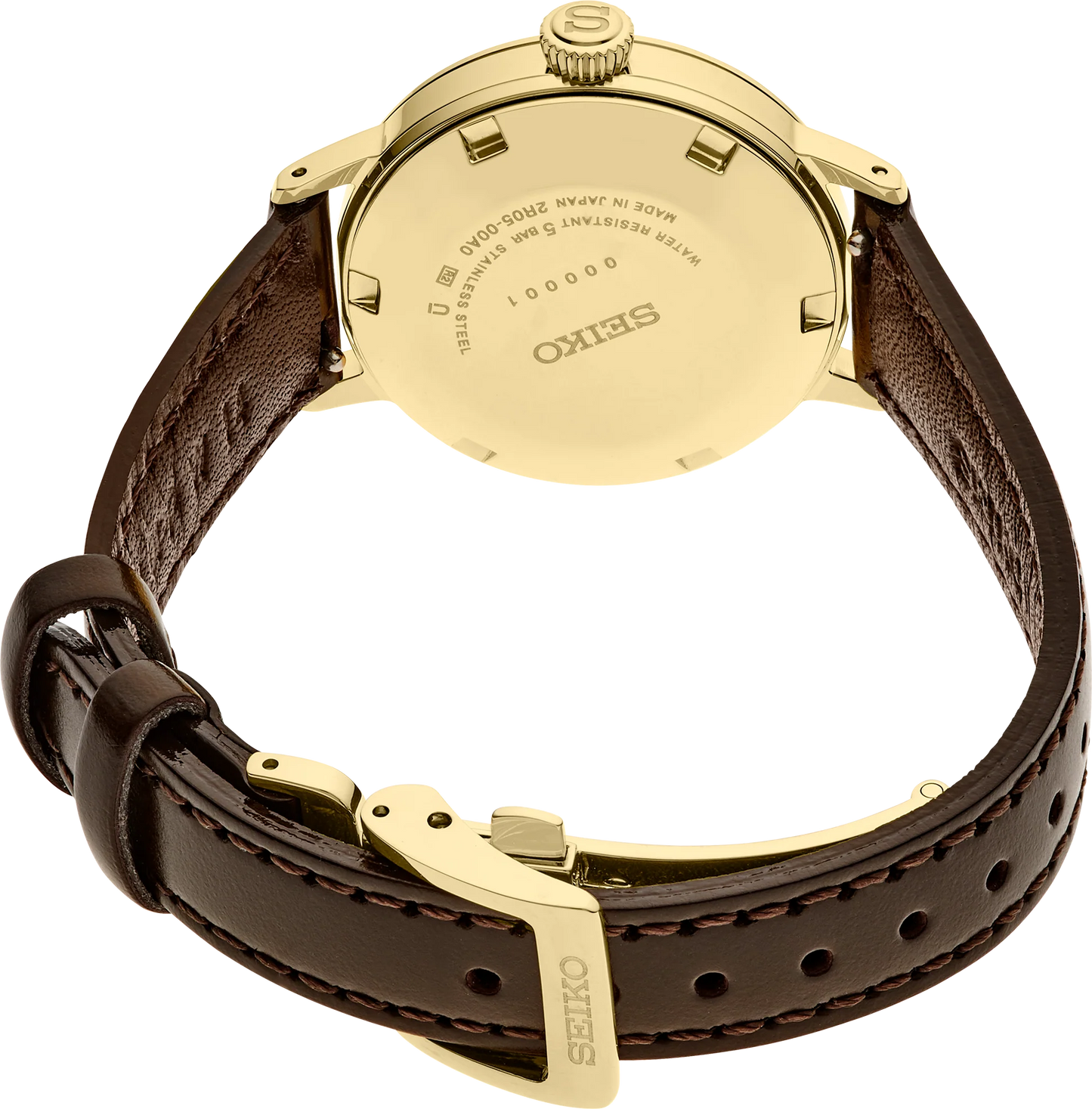Gold Seiko watch with brown leather strap on a white background