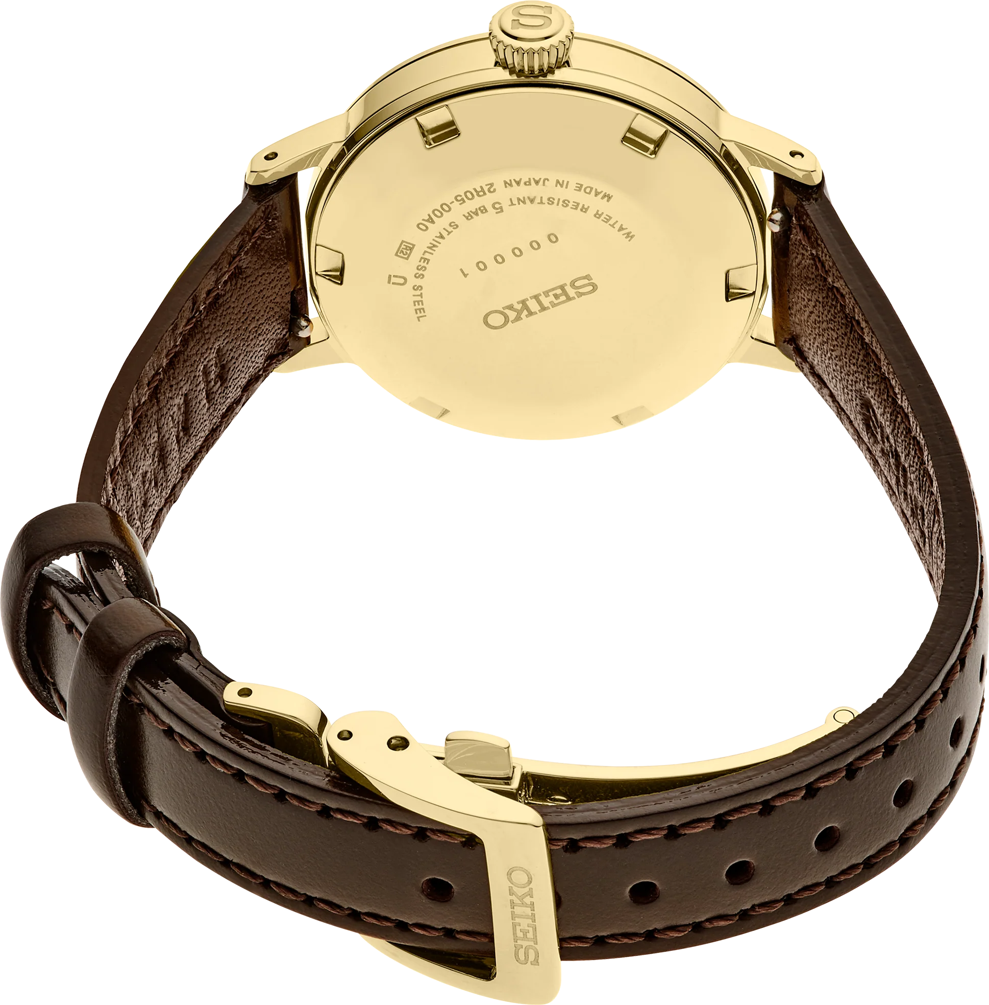 Gold Seiko watch with brown leather strap on a white background