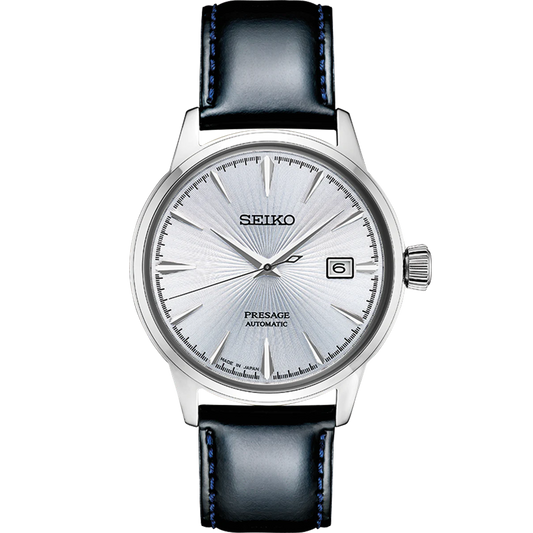 SEIKO Presage Cocktail Time – light blue dial with pressed pattern and gloss finish, black leather strap, automatic movement with 41-hour power reserve, and 50m water resistance.