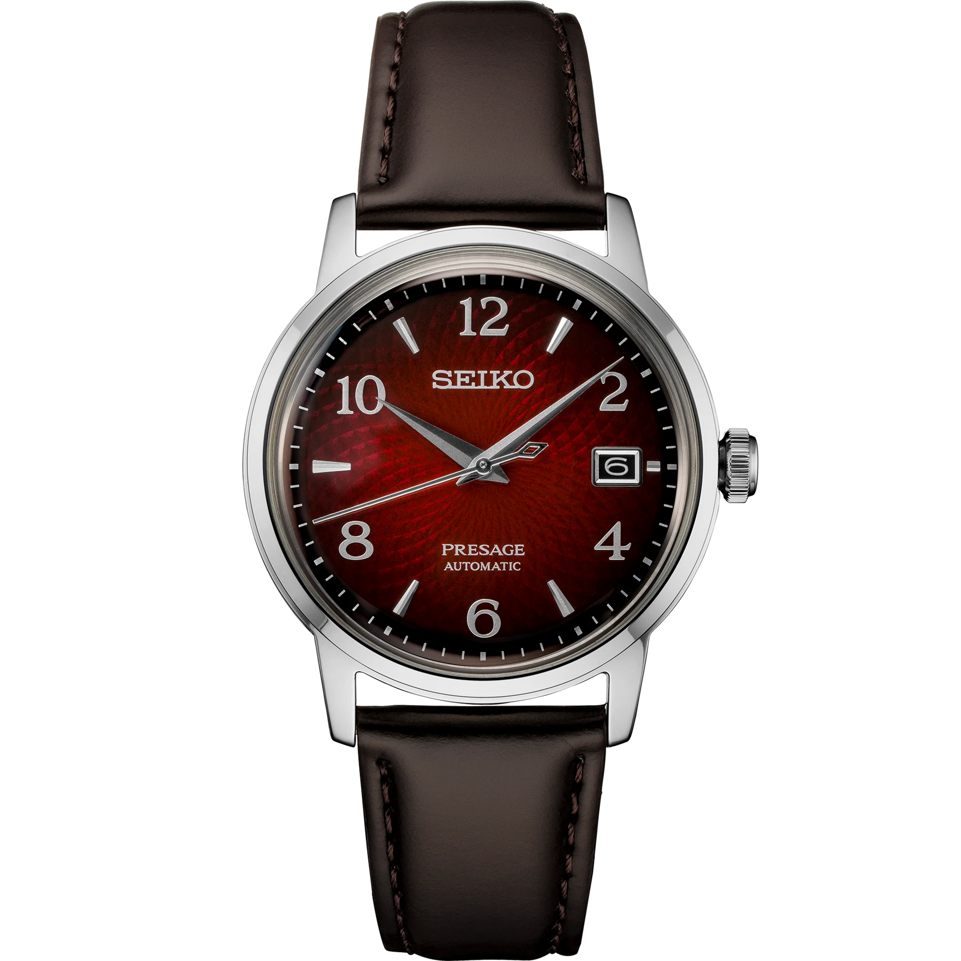 Seiko Presage SRPE41 - 38.5mm Stainless Steel Cocktail Time Watch, Deep Red Dial, 50m Water Resistance, Automatic Movement, Brown Leather Strap