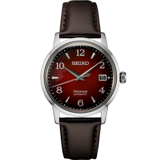 Seiko Presage SRPE41 - 38.5mm Stainless Steel Cocktail Time Watch, Deep Red Dial, 50m Water Resistance, Automatic Movement, Brown Leather Strap