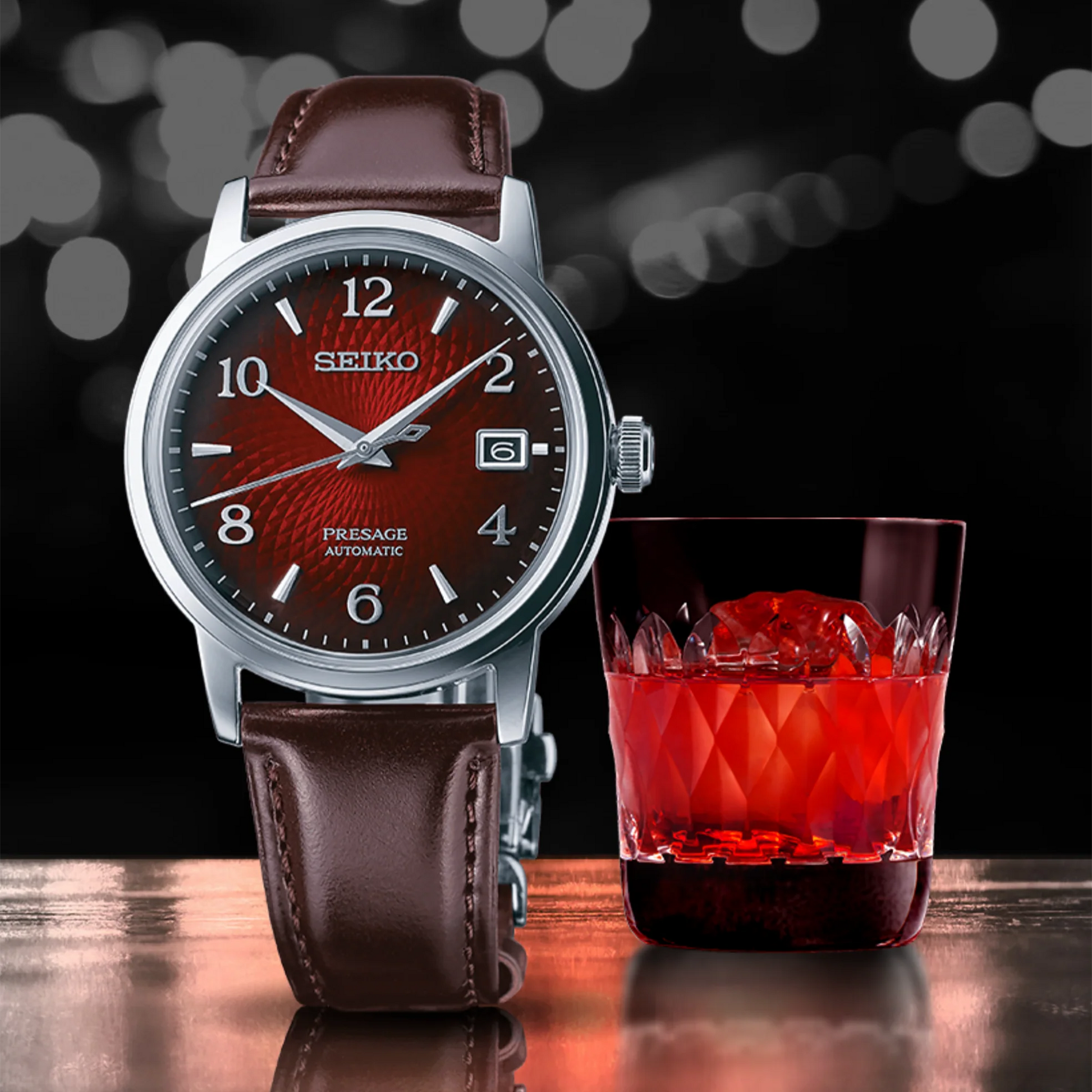 Seiko Presage SRPE41 - 38.5mm Stainless Steel Cocktail Time Watch, Deep Red Dial, 50m Water Resistance, Automatic Movement, Brown Leather Strap