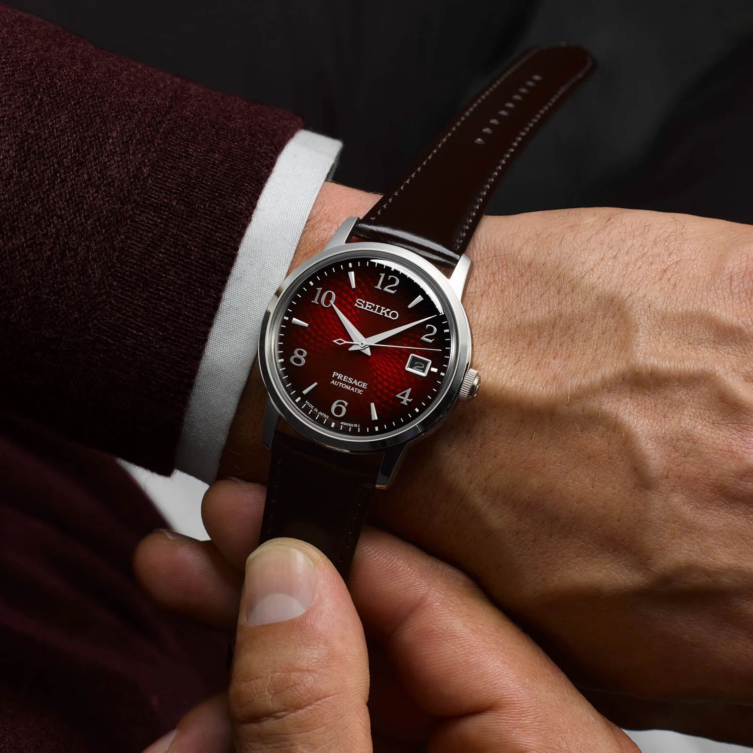 Seiko Presage SRPE41 - 38.5mm Stainless Steel Cocktail Time Watch, Deep Red Dial, 50m Water Resistance, Automatic Movement, Brown Leather Strap