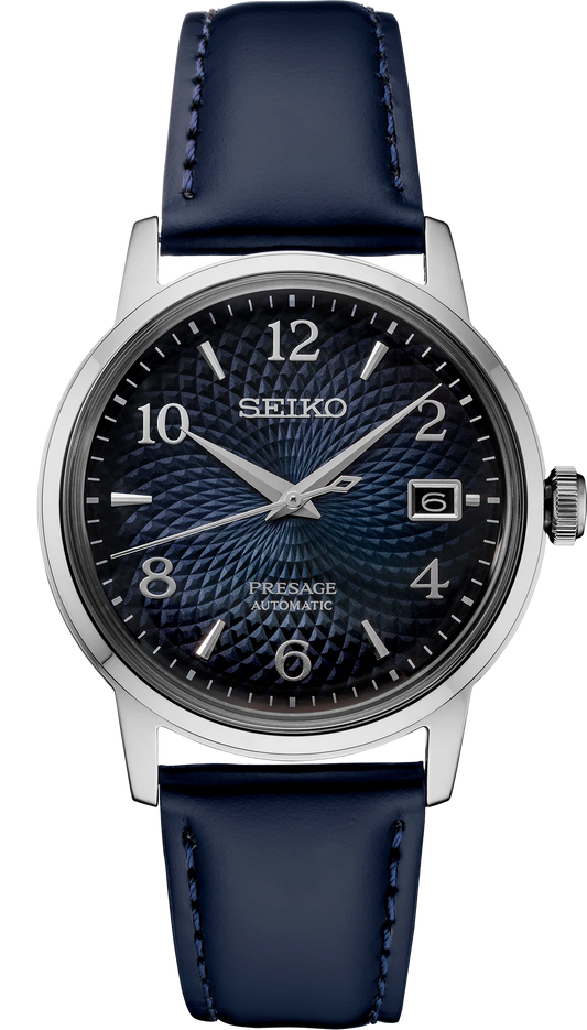 Seiko Presage SRPE43 - 38.5mm Stainless Steel Cocktail Time Watch, Deep Blue Dial, 50m Water Resistance, Automatic Movement, Blue Leather Strap