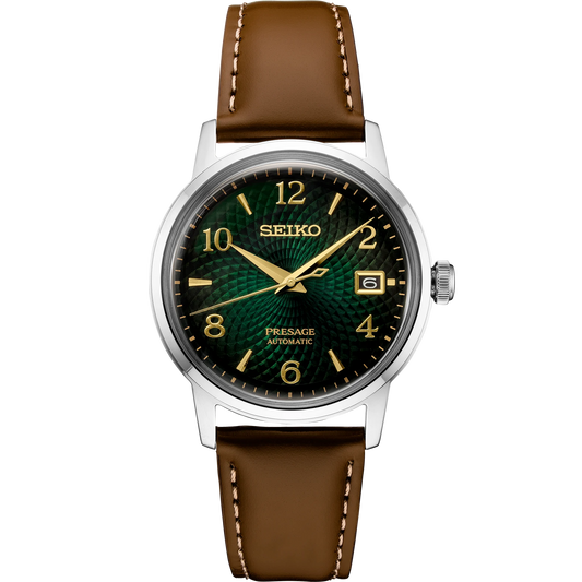 Seiko Presage SRPE45 - 38.5mm Stainless Steel Cocktail Time Watch, Gradient Green Dial, 50m Water Resistance, Automatic Movement, Tan Leather Strap