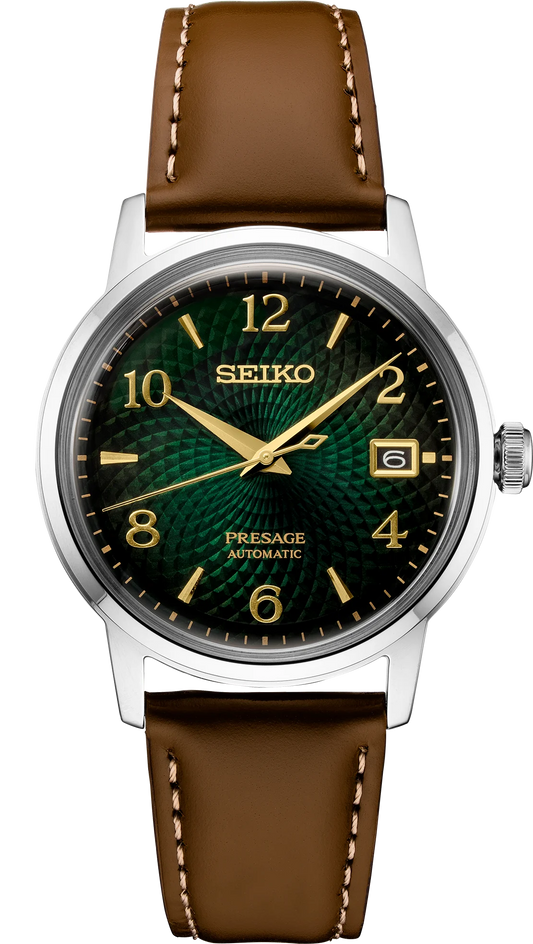 Seiko Presage SRPE45 - 38.5mm Stainless Steel Cocktail Time Watch, Gradient Green Dial, 50m Water Resistance, Automatic Movement, Tan Leather Strap