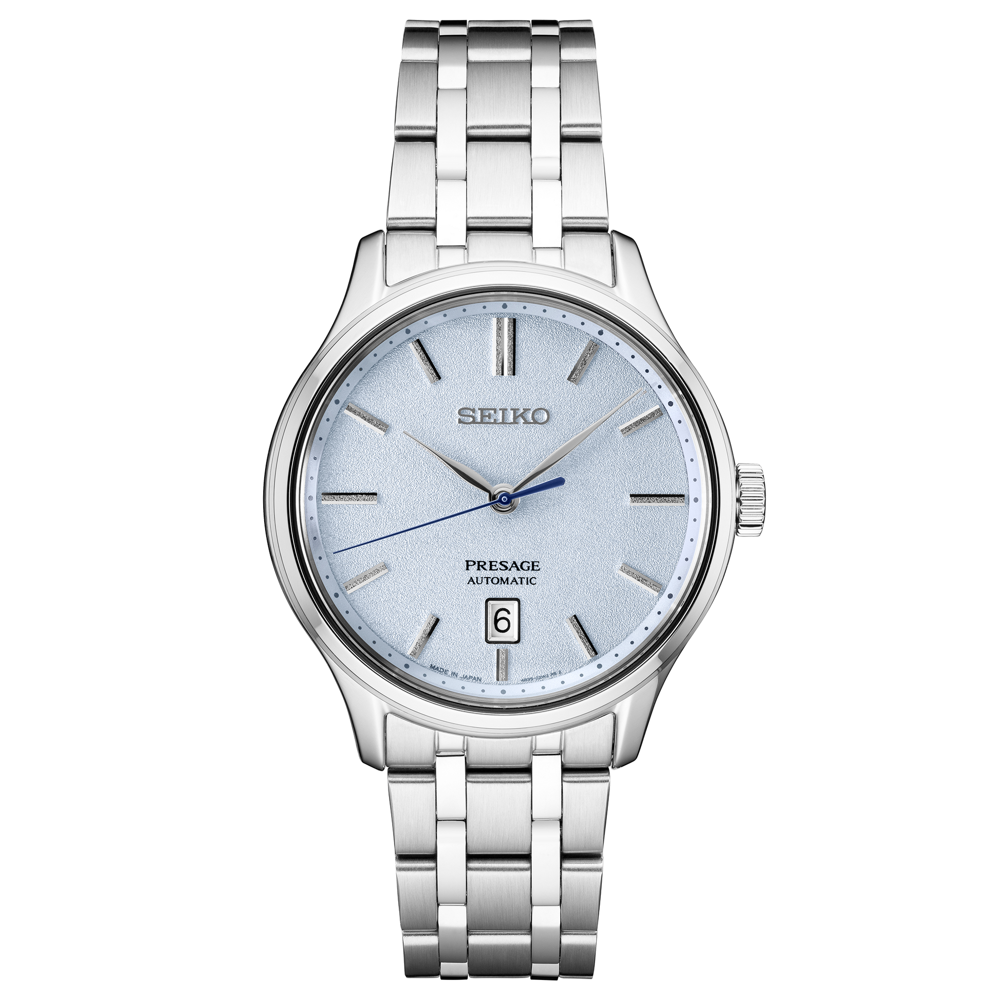 SEIKO Presage Japanese Garden Collection – light blue dial with paving stone texture, blue second hand, stainless steel case and bracelet, automatic movement, sapphire crystal, and 30m water resistance