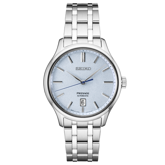 SEIKO Presage Japanese Garden Collection – light blue dial with paving stone texture, blue second hand, stainless steel case and bracelet, automatic movement, sapphire crystal, and 30m water resistance