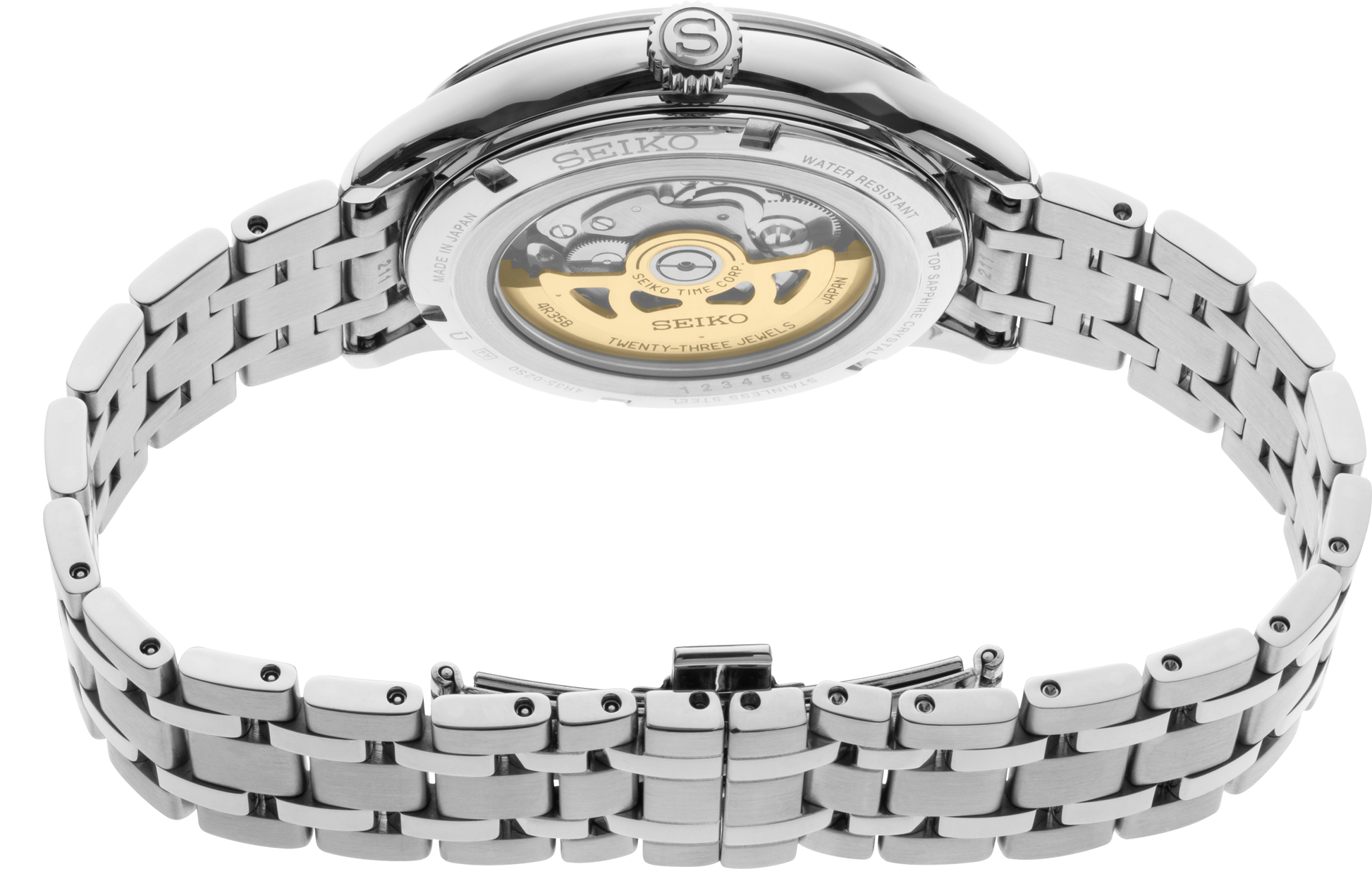 SEIKO Presage Japanese Garden Collection – light blue dial with paving stone texture, blue second hand, stainless steel case and bracelet, automatic movement, sapphire crystal, and 30m water resistance
