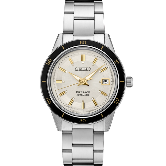 SEIKO SRPG03 Presage Style60's Automatic Watch – Ivory Dial, Black Bezel with Gold Accents, Inspired by 1964 Crown Chronograph