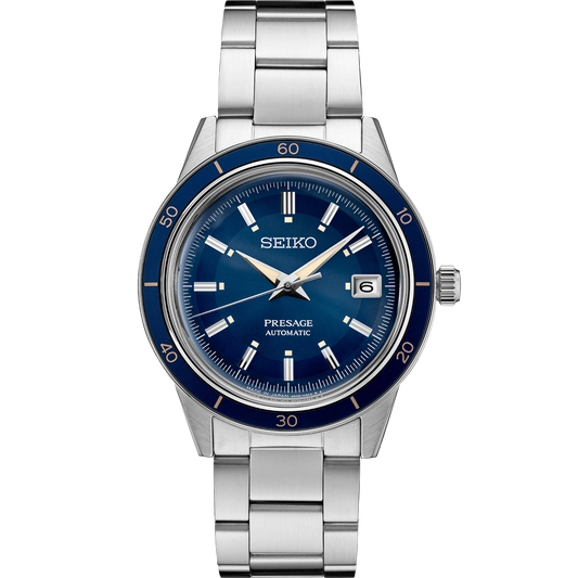 SEIKO SRPG05 from the Presage Style60’s Collection – blue sunray dial with rose gold-accented bezel, beige LumiBrite hands, stainless steel bracelet, automatic 23-jewel movement, and 50m water resistance.