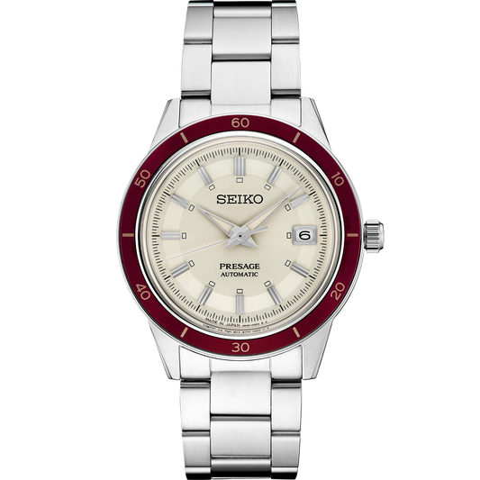 SEIKO SRPH93 from the Presage Style60’s Collection – ivory sunray dial, matte red bezel, stainless steel bracelet, automatic 23-jewel movement, and 50m water resistance.