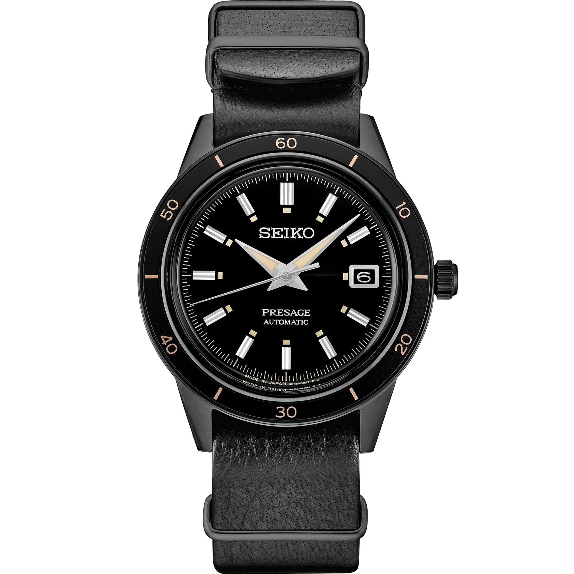 SEIKO SRPH95 from the Presage Style60’s Collection – black dial and bezel, beige LumiBrite hands, black deerskin strap, black hard-coated stainless steel case, automatic movement, and 50m water resistance.