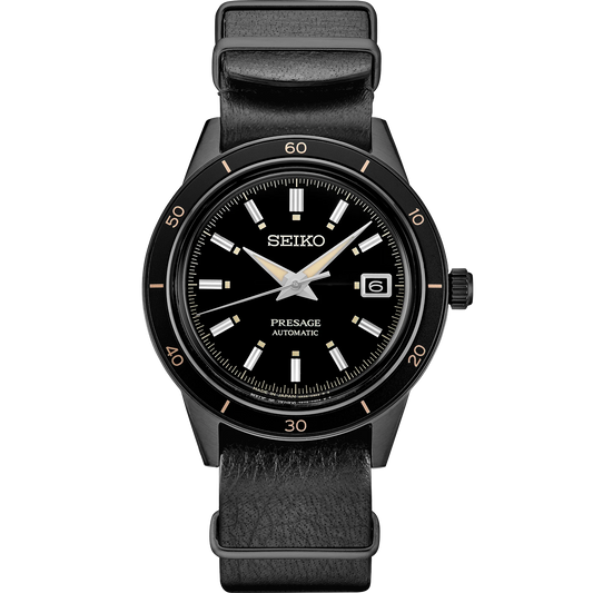 SEIKO SRPH95 from the Presage Style60’s Collection – black dial and bezel, beige LumiBrite hands, black deerskin strap, black hard-coated stainless steel case, automatic movement, and 50m water resistance.