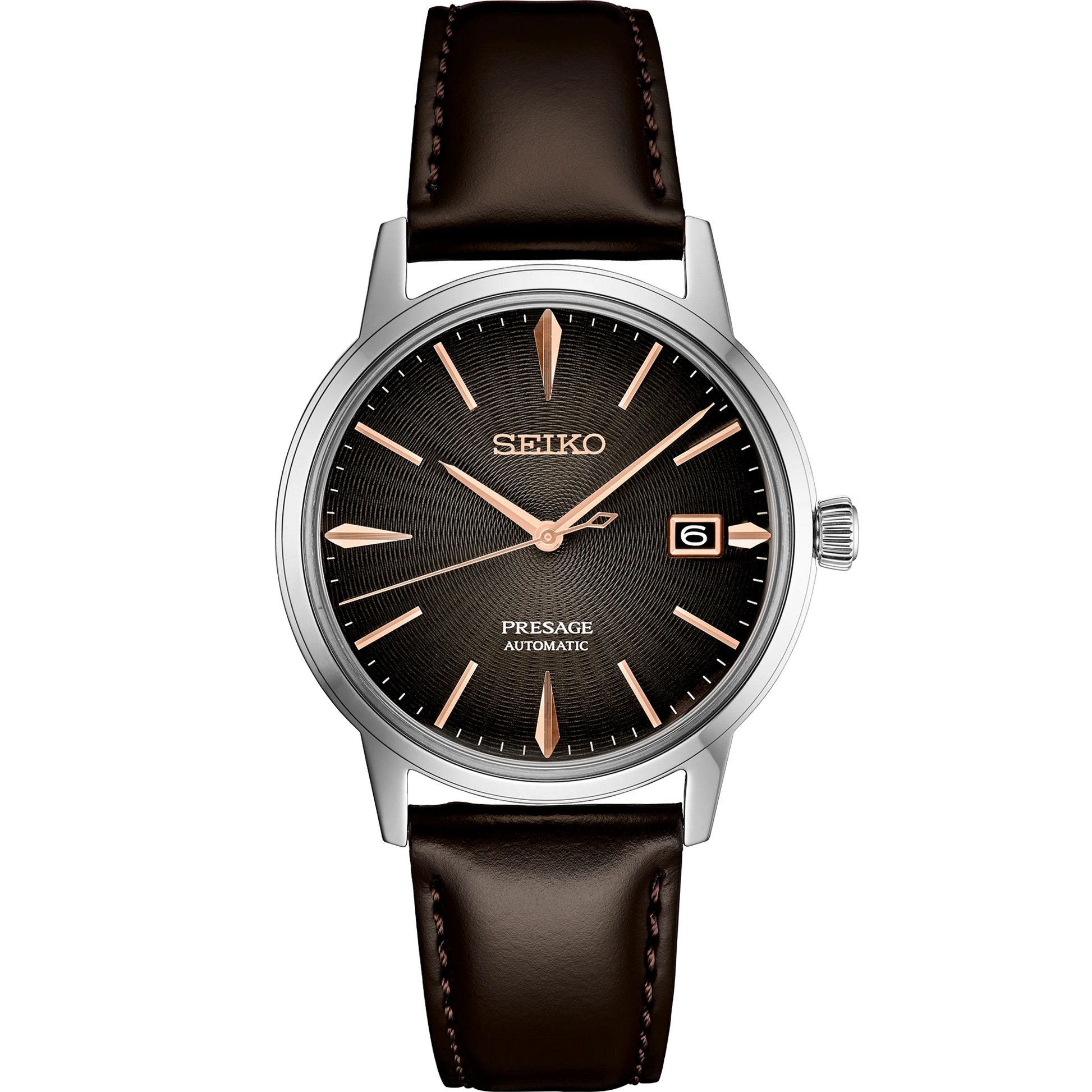 Seiko Presage SRPJ17 - 39.5mm Stainless Steel Cocktail Time Watch, Gradient Gray-Brown Dial, 50m Water Resistance, Automatic Movement, Brown Leather Strap