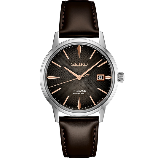 Seiko Presage SRPJ17 - 39.5mm Stainless Steel Cocktail Time Watch, Gradient Gray-Brown Dial, 50m Water Resistance, Automatic Movement, Brown Leather Strap