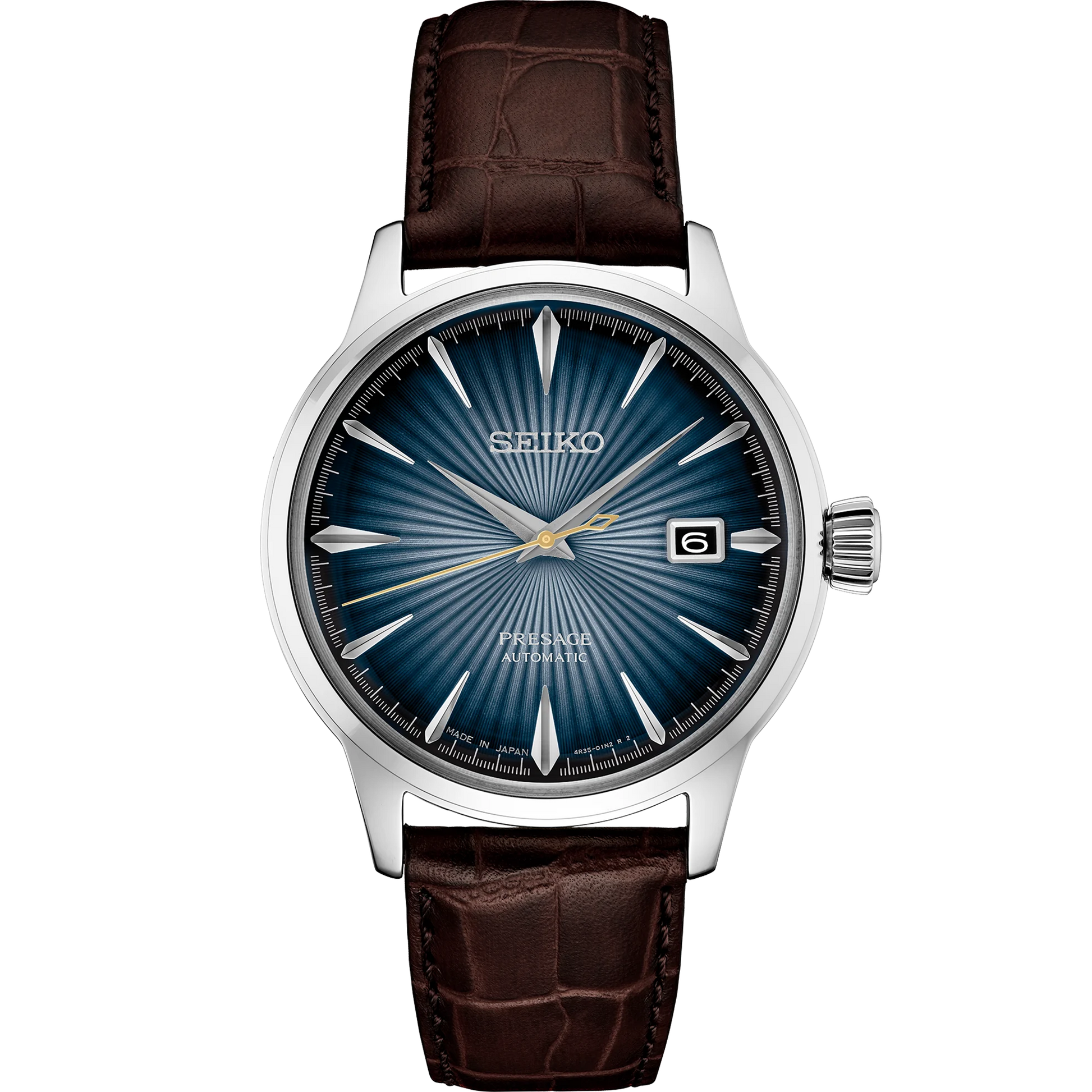 SEIKO Presage Cocktail Time – blue gradated dial inspired by the Blue Moon cocktail, stainless steel case, brown leather strap, automatic 23-jewel movement, and 50m water resistance.