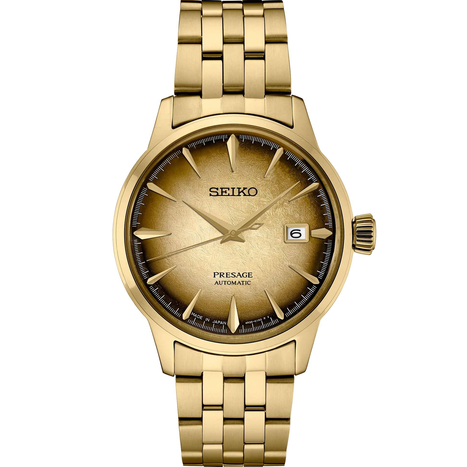SEIKO Presage Cocktail Time U.S. Special Creation – gold-tone case and bracelet, brown and gold dial inspired by the Half and Half cocktail, automatic movement, and 50m water resistance.