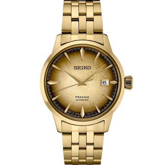SEIKO Presage Cocktail Time U.S. Special Creation – gold-tone case and bracelet, brown and gold dial inspired by the Half and Half cocktail, automatic movement, and 50m water resistance.