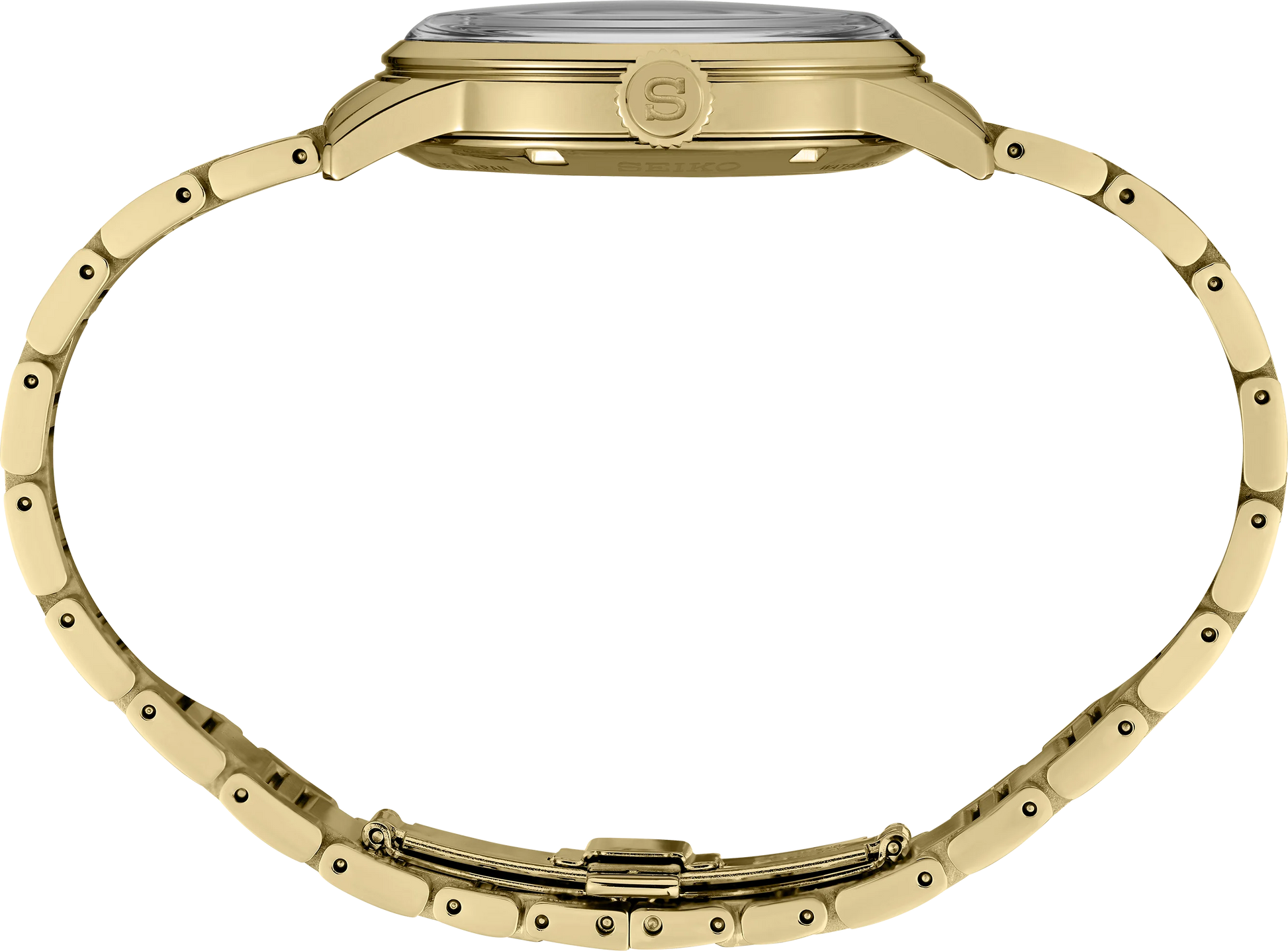 SEIKO Presage Cocktail Time U.S. Special Creation – gold-tone case and bracelet, brown and gold dial inspired by the Half and Half cocktail, automatic movement, and 50m water resistance.