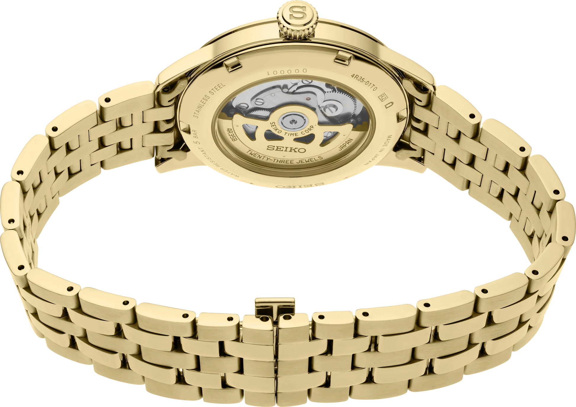 SEIKO Presage Cocktail Time U.S. Special Creation – gold-tone case and bracelet, brown and gold dial inspired by the Half and Half cocktail, automatic movement, and 50m water resistance.