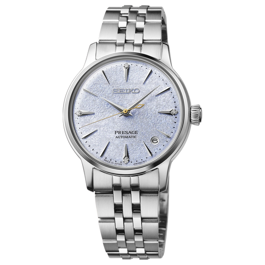 SEIKO Presage SRPL61 Cocktail Time – light blue ice-textured dial with four diamonds, stainless steel case and bracelet, automatic movement, and 50m water resistance