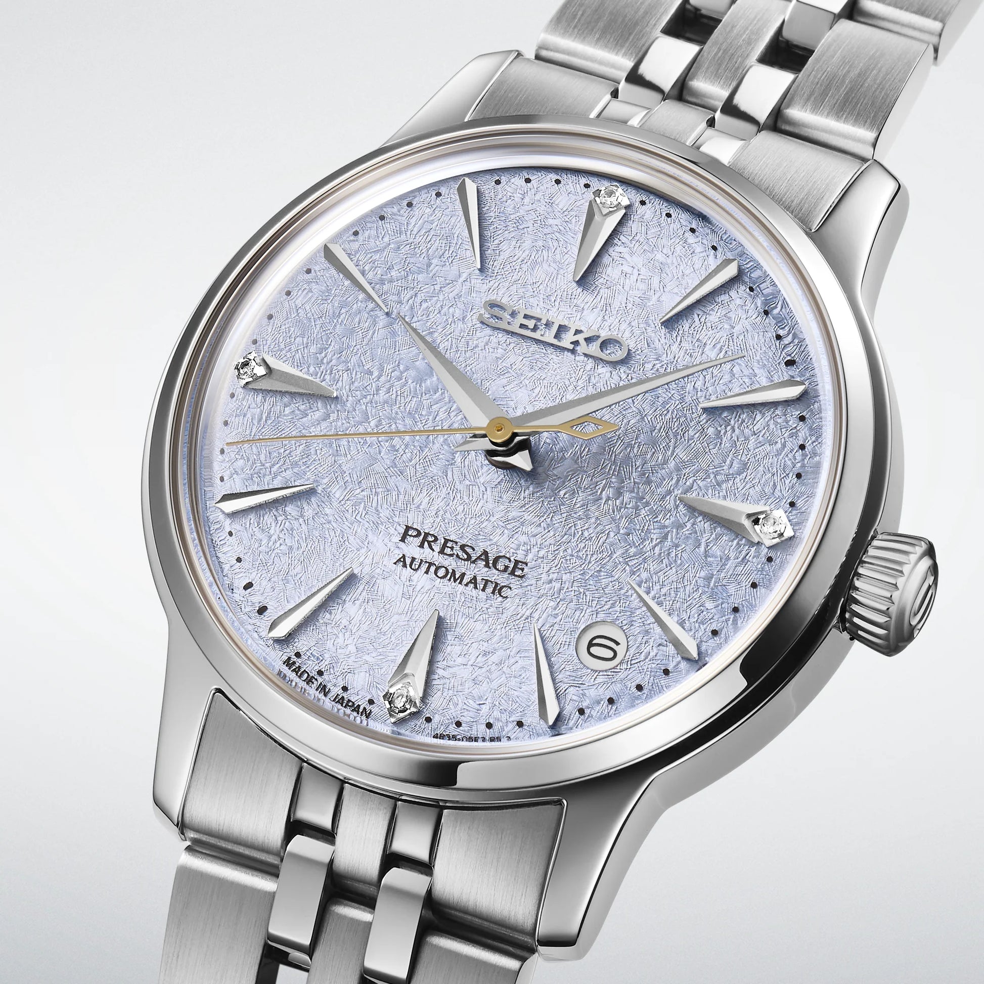 SEIKO Presage SRPL61 Cocktail Time – light blue ice-textured dial with four diamonds, stainless steel case and bracelet, automatic movement, and 50m water resistance