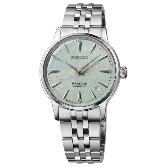 SEIKO Presage SRPL63 Cocktail Time – light green ice-textured dial with four diamonds, stainless steel case and bracelet, automatic movement, and 50m water resistance.