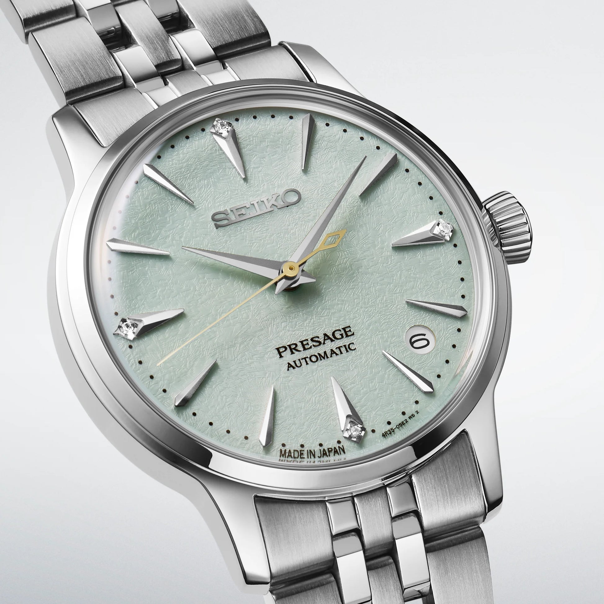 SEIKO Presage SRPL63 Cocktail Time – light green ice-textured dial with four diamonds, stainless steel case and bracelet, automatic movement, and 50m water resistance.