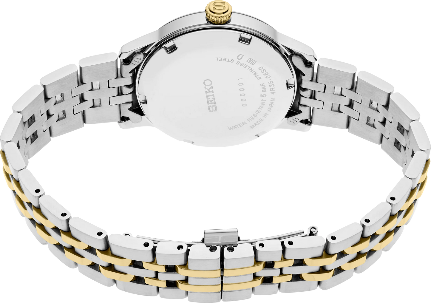 SEIKO Presage SRPL64 Cocktail Time – champagne ice-textured dial with four diamonds, two-tone stainless steel and gold finish, automatic movement, and 50m water resistance