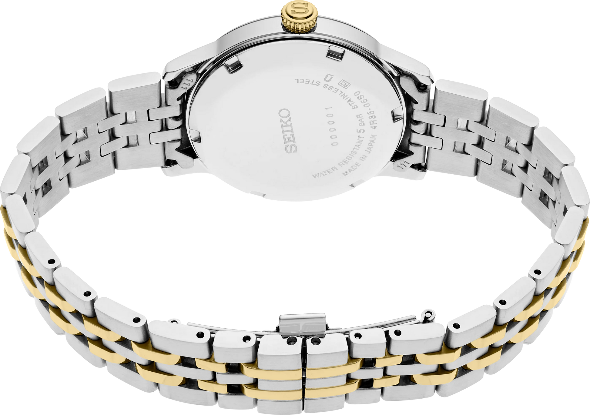 SEIKO Presage SRPL64 Cocktail Time – champagne ice-textured dial with four diamonds, two-tone stainless steel and gold finish, automatic movement, and 50m water resistance