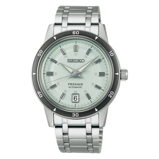 Seiko Presage SRPL71 Style60’s – mint-green dial automatic watch with vintage-inspired design, box Hardlex crystal, see-through caseback, and 41-hour power reserve.