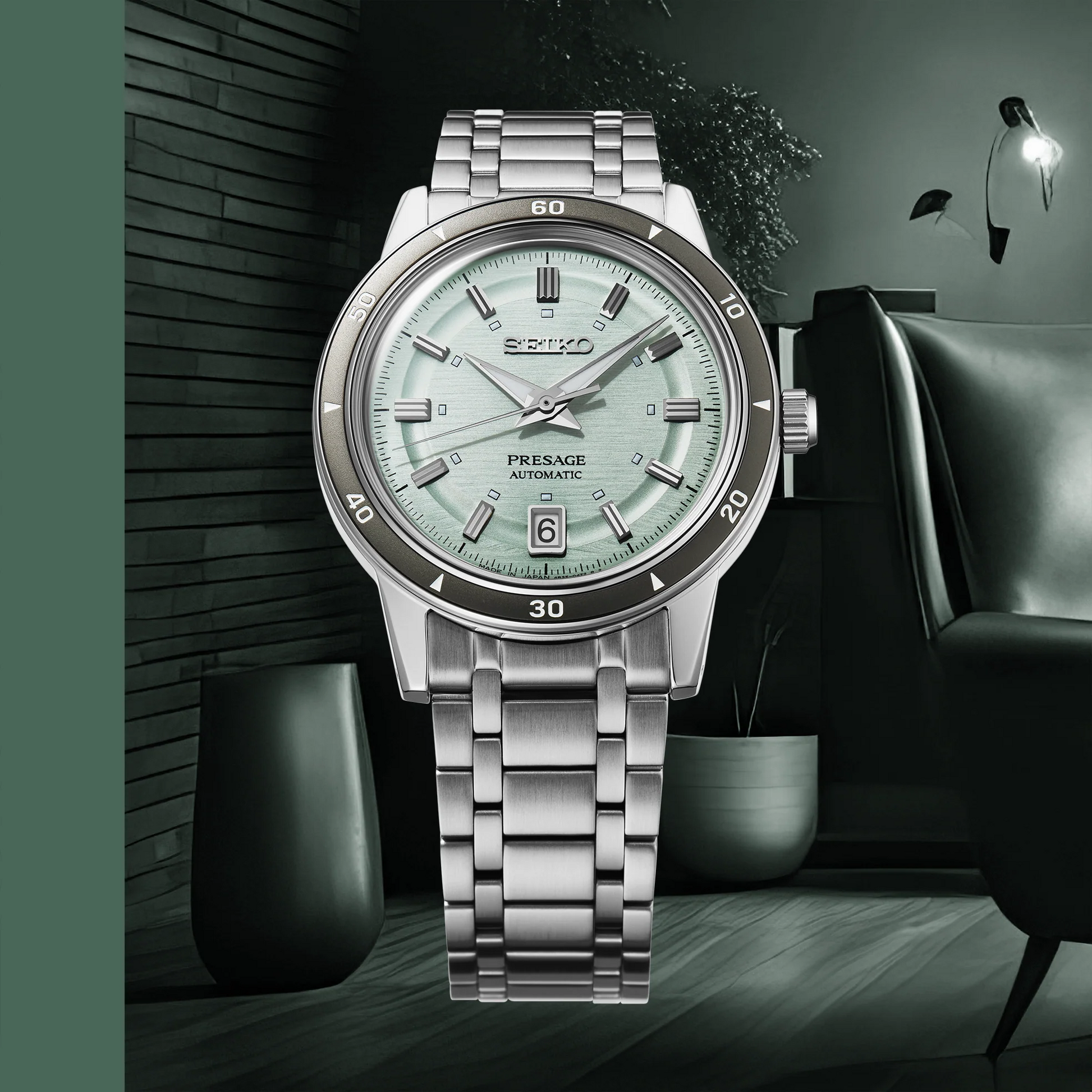 Seiko Presage SRPL71 Style60’s – mint-green dial automatic watch with vintage-inspired design, box Hardlex crystal, see-through caseback, and 41-hour power reserve.