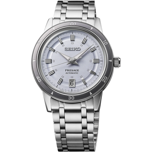 Seiko Presage SRPL73 Style60’s – silver‑violet dial automatic watch inspired by the 1964 Crown Chronograph, with box Hardlex crystal, see‑through caseback, and 41‑hour power reserve.