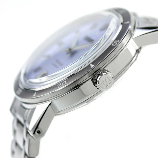 Seiko Presage SRPL73 Style60’s – silver‑violet dial automatic watch inspired by the 1964 Crown Chronograph, with box Hardlex crystal, see‑through caseback, and 41‑hour power reserve.