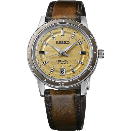 Seiko Presage SRPL75 Style60’s – golden dial automatic watch inspired by 1960s design, with box Hardlex crystal, see‑through caseback, brown leather strap, and 41‑hour power reserve.”