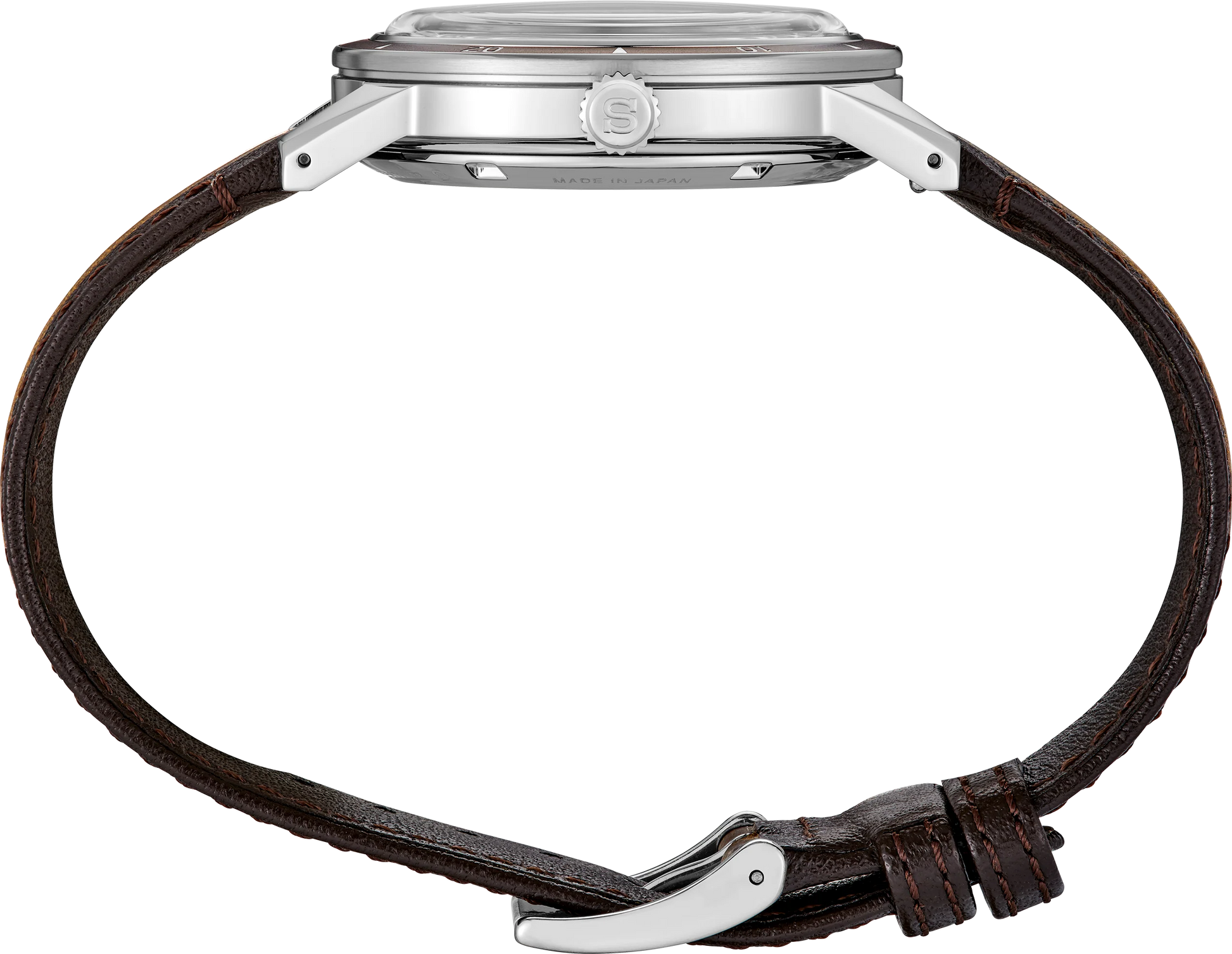 Seiko Presage SRPL75 Style60’s – golden dial automatic watch inspired by 1960s design, with box Hardlex crystal, see‑through caseback, brown leather strap, and 41‑hour power reserve.”