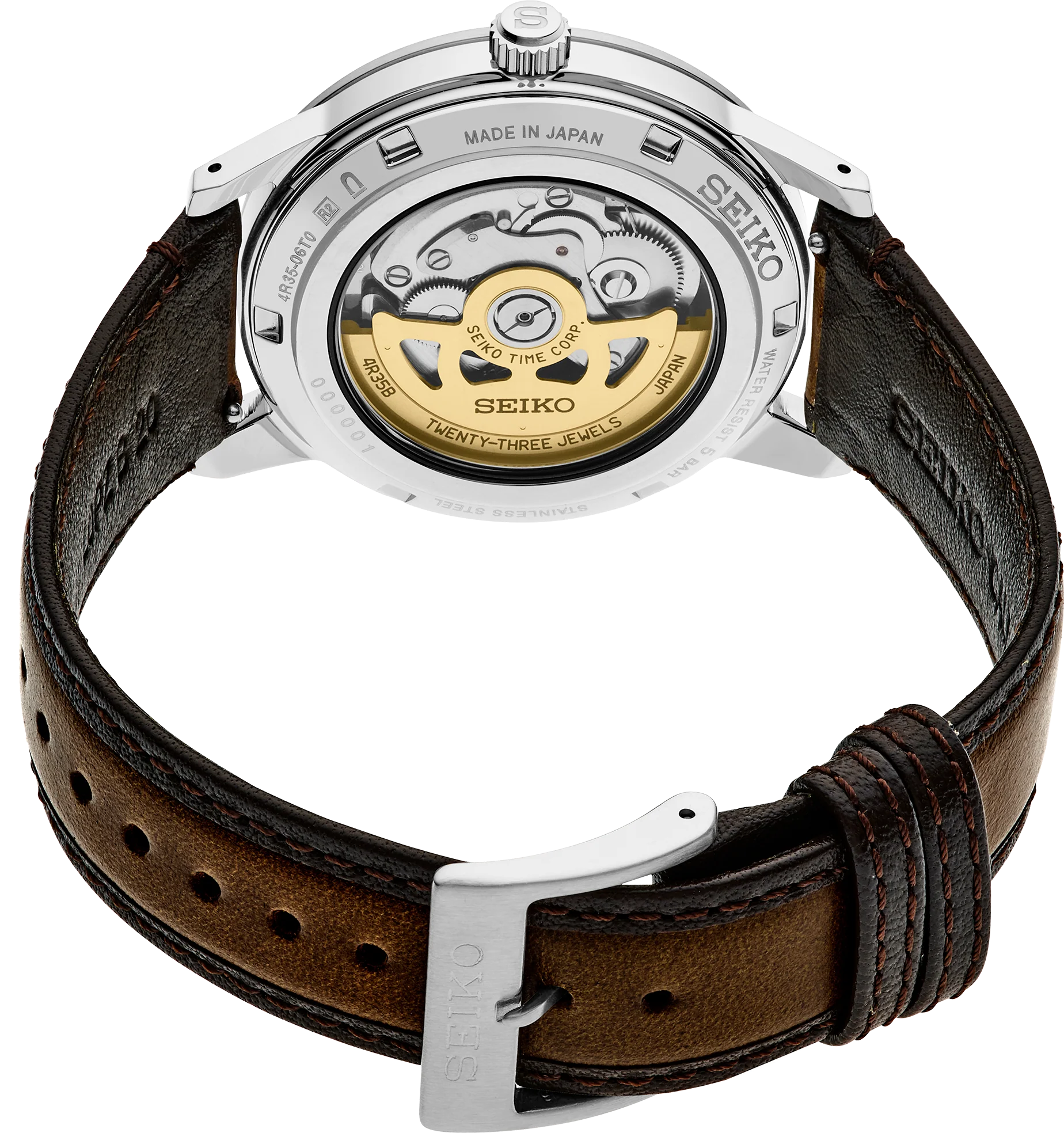 Seiko Presage SRPL75 Style60’s – golden dial automatic watch inspired by 1960s design, with box Hardlex crystal, see‑through caseback, brown leather strap, and 41‑hour power reserve.”