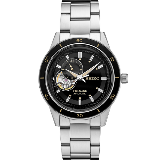 Seiko Presage SSA425 - 40.8mm Stainless Steel Style60’s Watch, Black Open-Heart Dial with 24-Hour Subdial, 50m Water Resistance, Automatic Movement