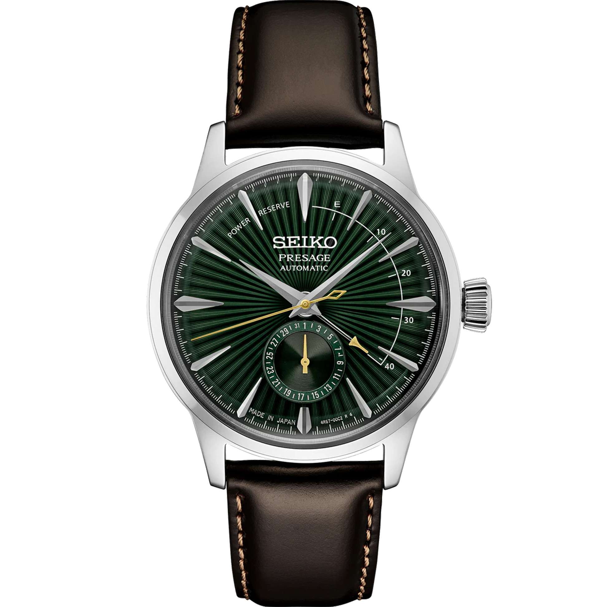 Seiko Presage Cocktail Time SSA459 Watch – Green Dial with Pressed Pattern, Date Subdial, Power Reserve Indicator, Brown Leather Strap, 4R57 Automatic Movement