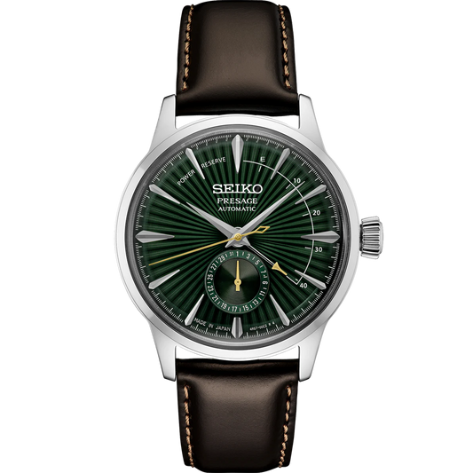 Seiko Presage Cocktail Time SSA459 Watch – Green Dial with Pressed Pattern, Date Subdial, Power Reserve Indicator, Brown Leather Strap, 4R57 Automatic Movement