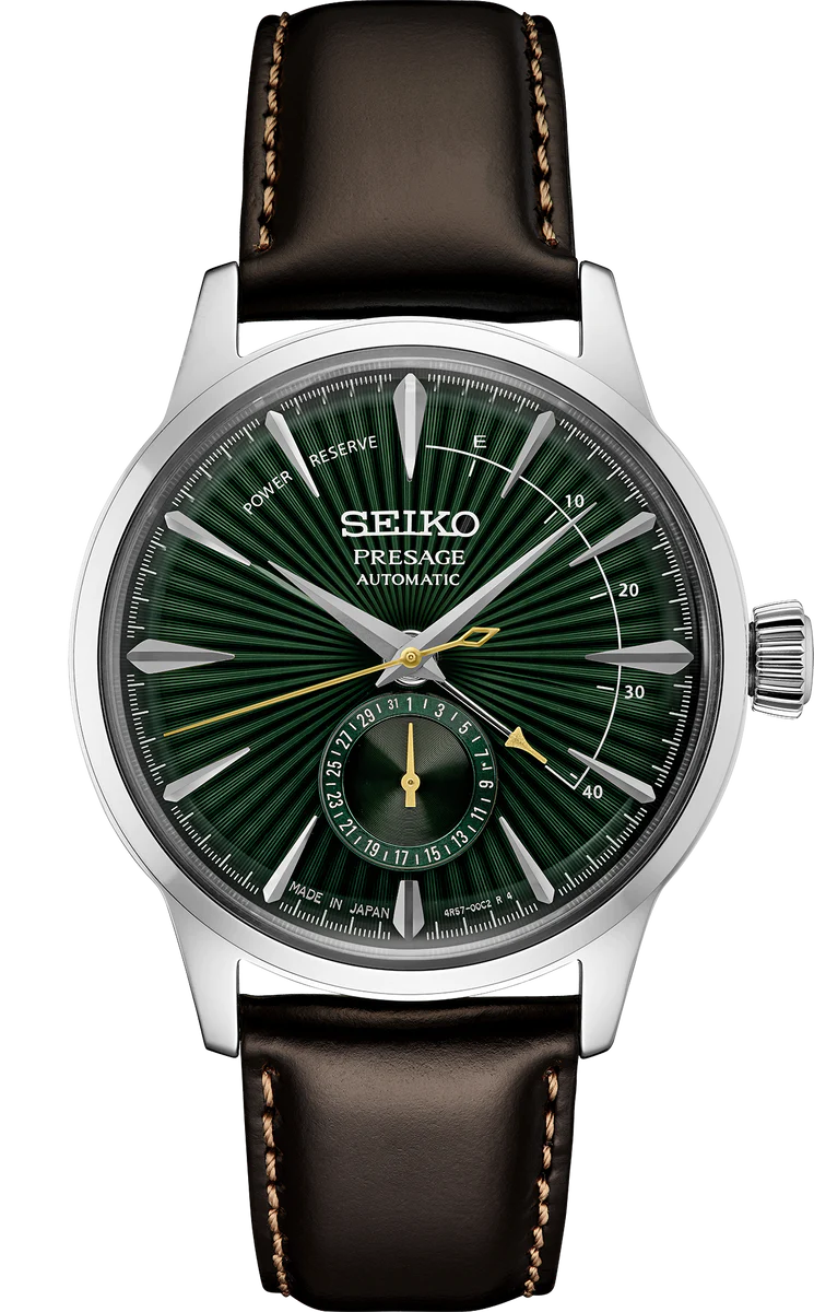 Seiko Presage Cocktail Time SSA459 Watch – Green Dial with Pressed Pattern, Date Subdial, Power Reserve Indicator, Brown Leather Strap, 4R57 Automatic Movement