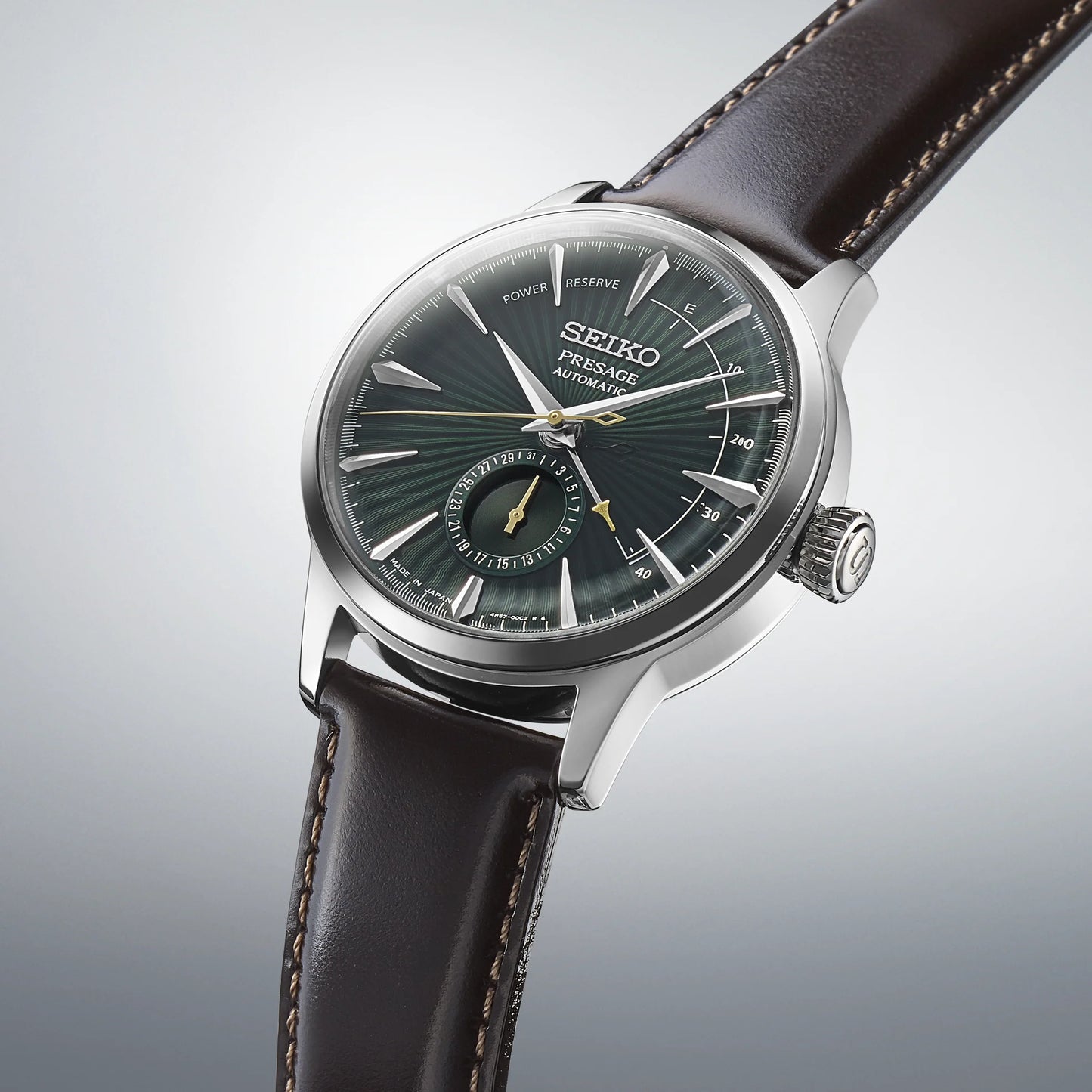 Seiko Presage Cocktail Time SSA459 Watch – Green Dial with Pressed Pattern, Date Subdial, Power Reserve Indicator, Brown Leather Strap, 4R57 Automatic Movement