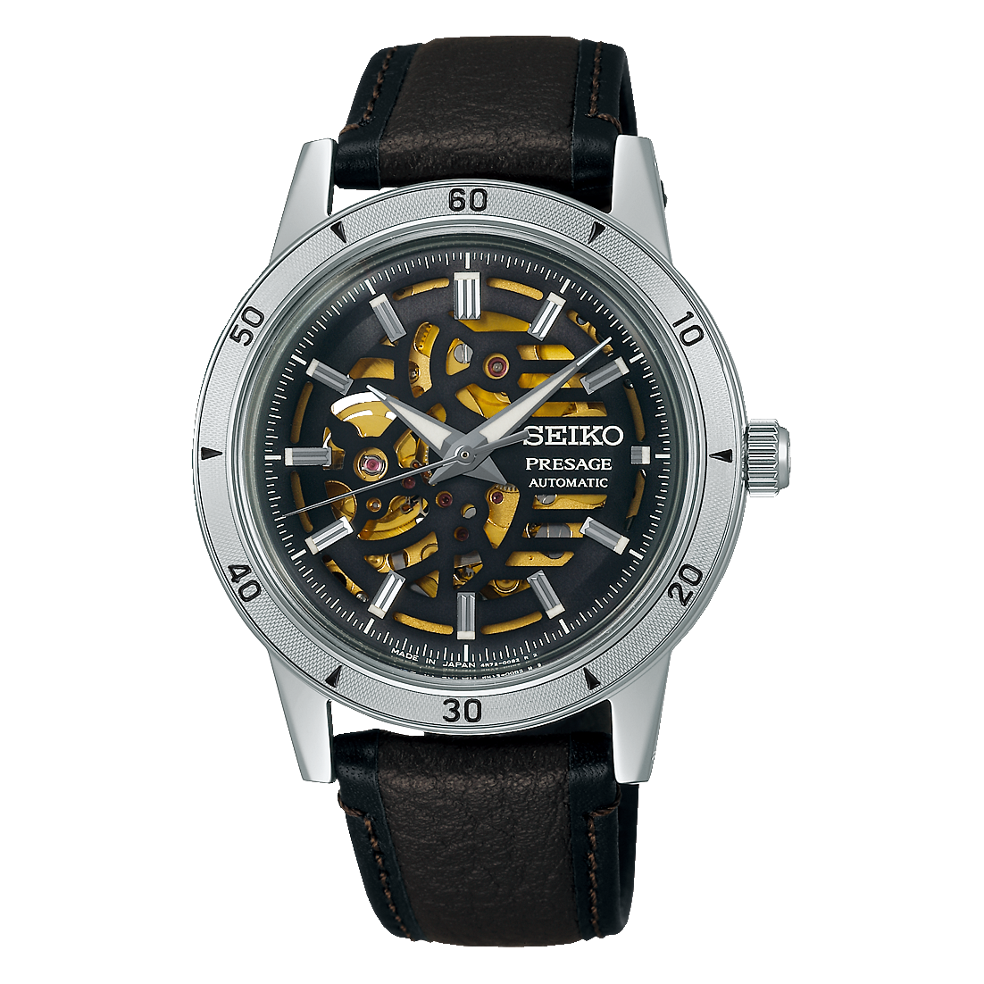 Seiko Presage SSA461 Style60’s automatic watch with stainless steel case, leather strap, box-shaped Hardlex crystal, LumiBrite hands and indexes, and see-through screw case back.