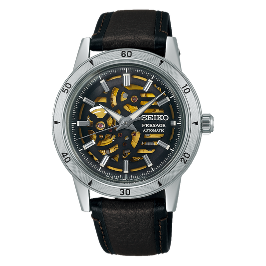 Seiko Presage SSA461 Style60’s automatic watch with stainless steel case, leather strap, box-shaped Hardlex crystal, LumiBrite hands and indexes, and see-through screw case back.