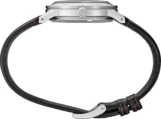 Watch with black leather strap and silver case on a white background