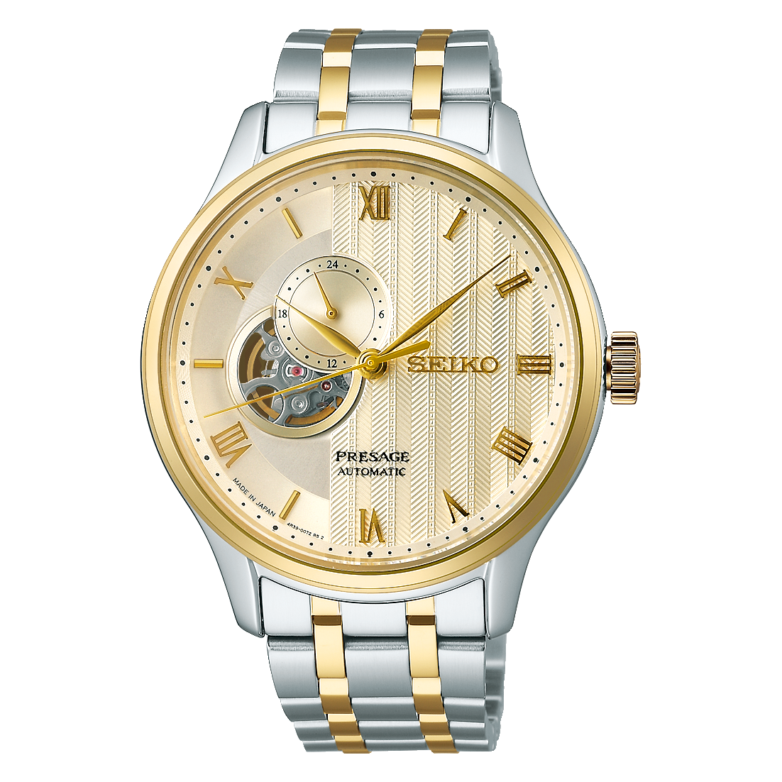 Seiko Presage SSA464 Japanese Garden – ivory-gold dial automatic watch with open-heart display, 24-hour sub-dial, dual-curved sapphire crystal, two-tone bracelet, and see-through caseback.
