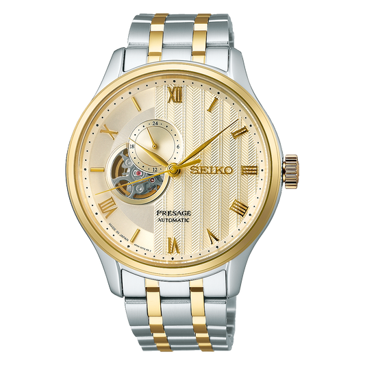 Seiko Presage SSA464 Japanese Garden – ivory-gold dial automatic watch with open-heart display, 24-hour sub-dial, dual-curved sapphire crystal, two-tone bracelet, and see-through caseback.